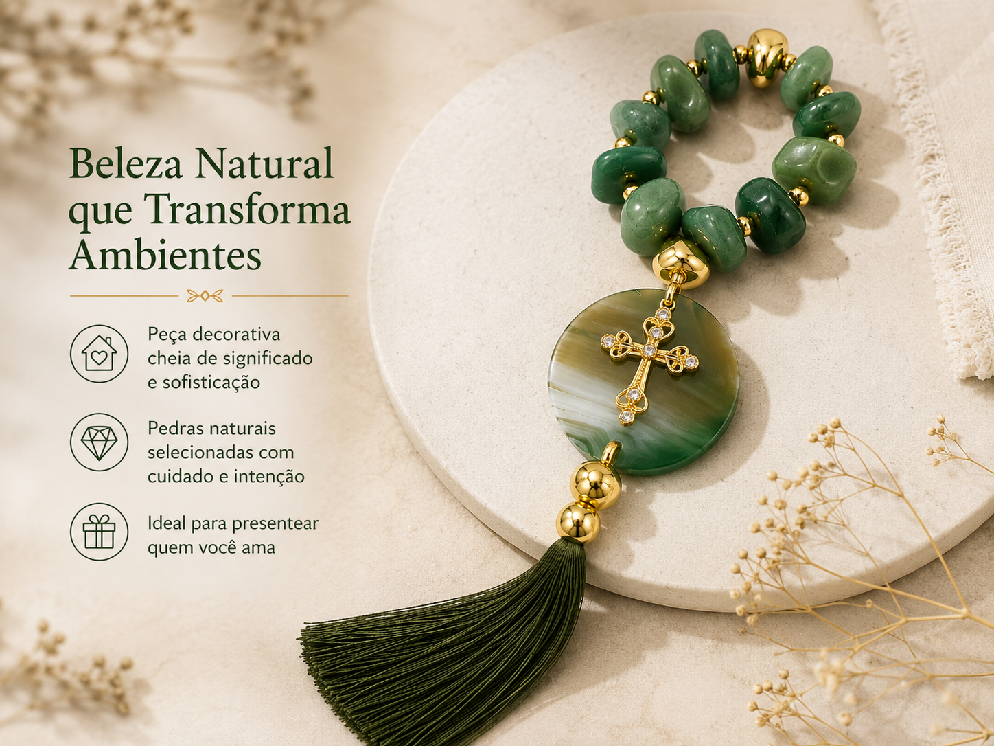 Terço Decorativo em Quartzo Verde com Chapa em Ágata Natural 38 cm
