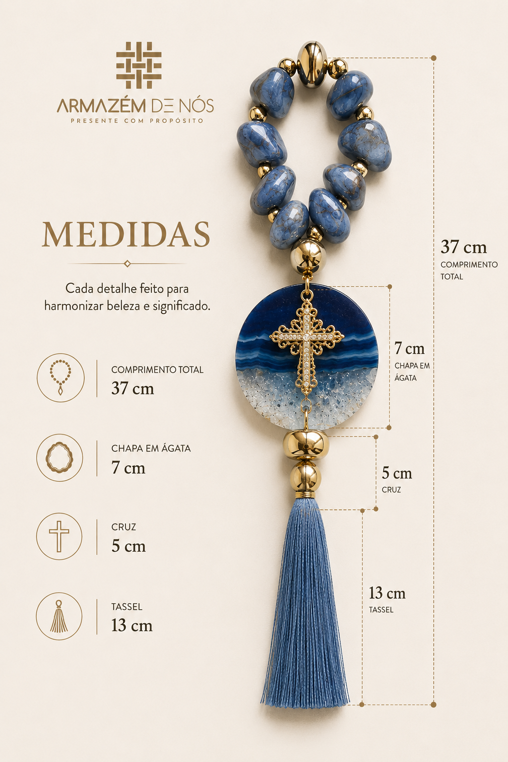 Terço Decorativo Quartzo Azul Natural com Chapa em Ágata Degradê 37 cm