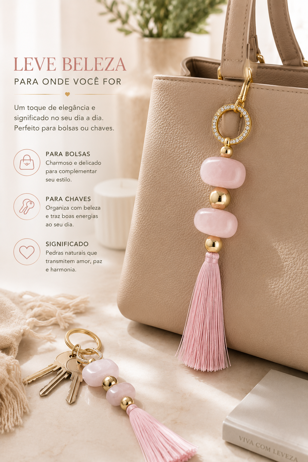 Chaveiro para Bolsa e Chaves com Pedra Natural e Tassel Artesanal