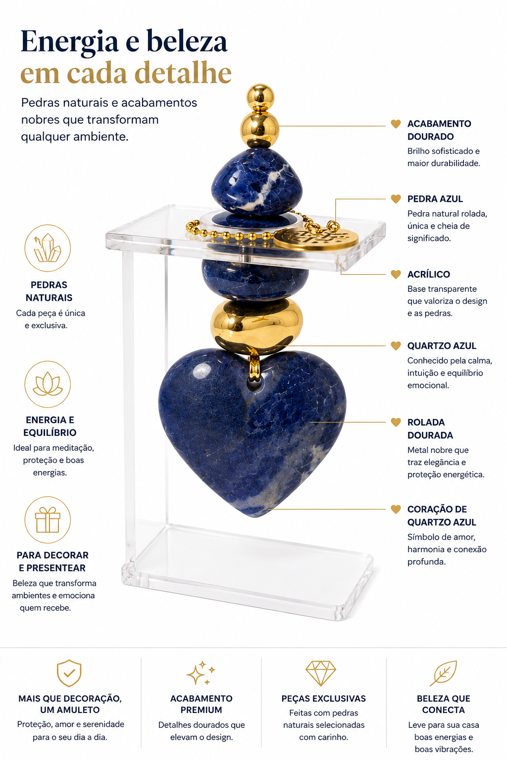 Coração em Quartzo Azul com Suporte em Acrílico | Pedra Natural 12 cm
