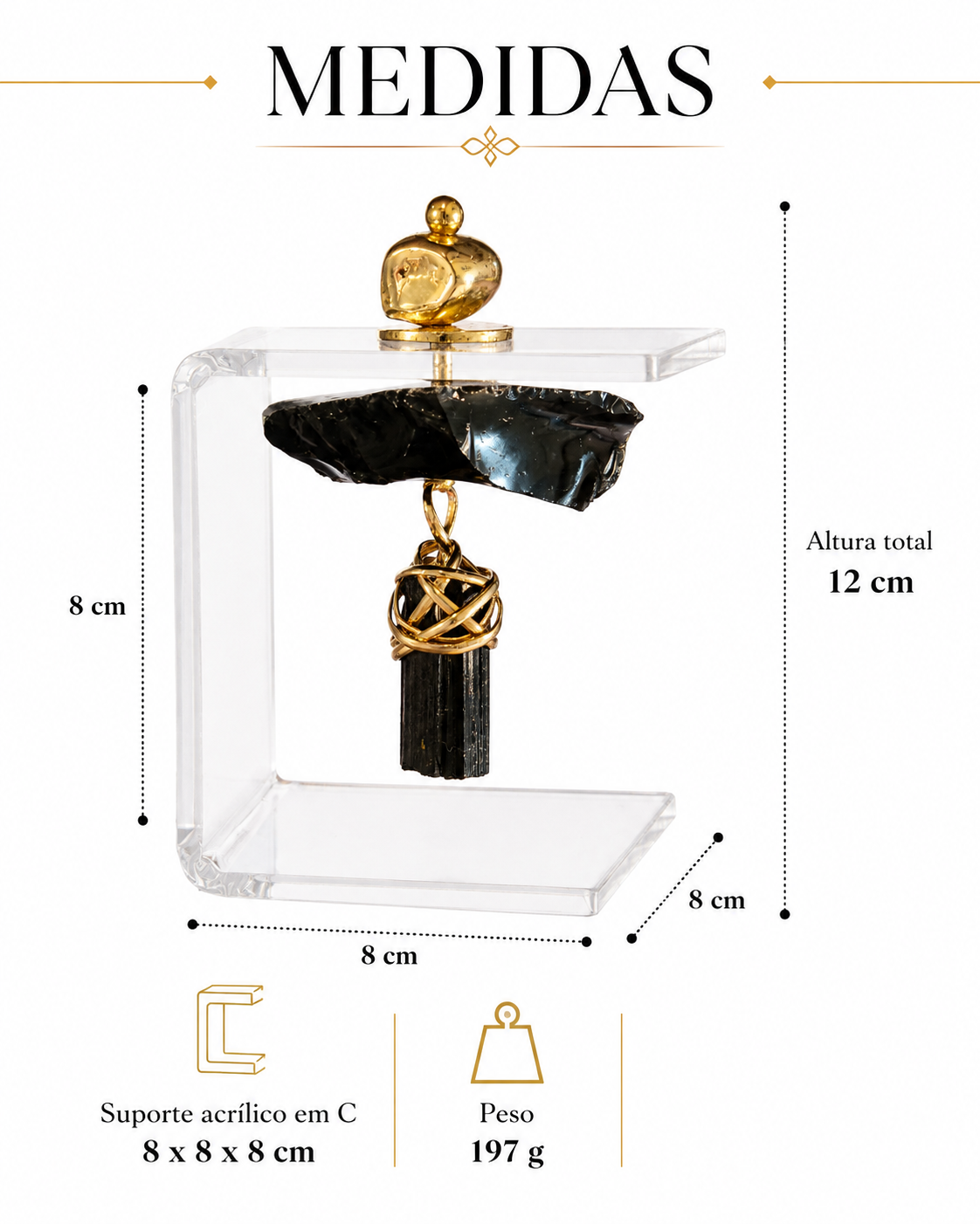 Escultura Decorativa em Obsidiana Natural e Turmalina Negra com Suporte Acrílico