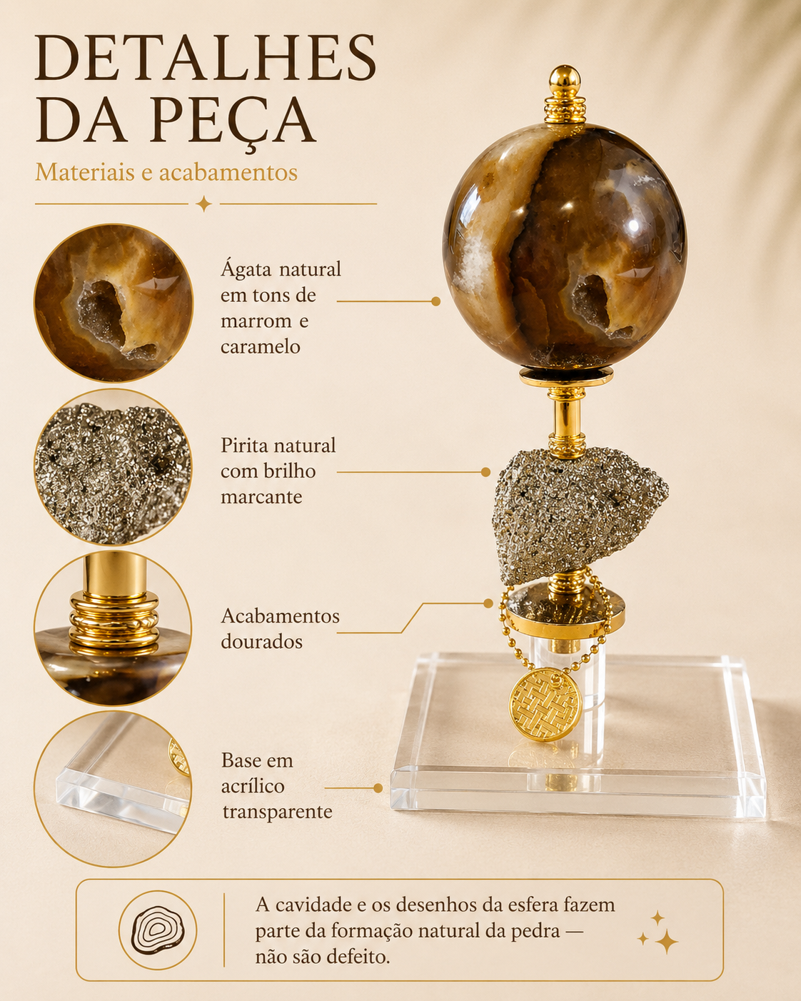 Escultura Decorativa com Esfera de Ágata Natural Marrom e Caramelo, Pedra Pirita, Base em Acrílico Transparente e Acabamentos Dourados – 18 cm