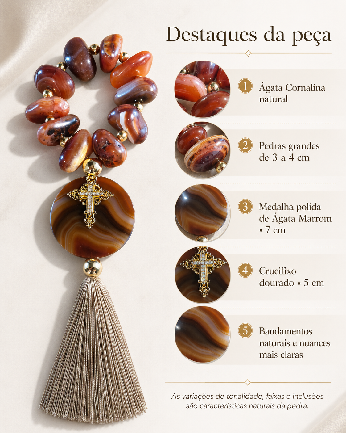 Terço Decorativo em Cornalina Natural com Ágata Marrom, Crucifixo Dourado e Tassel – 37 cm
