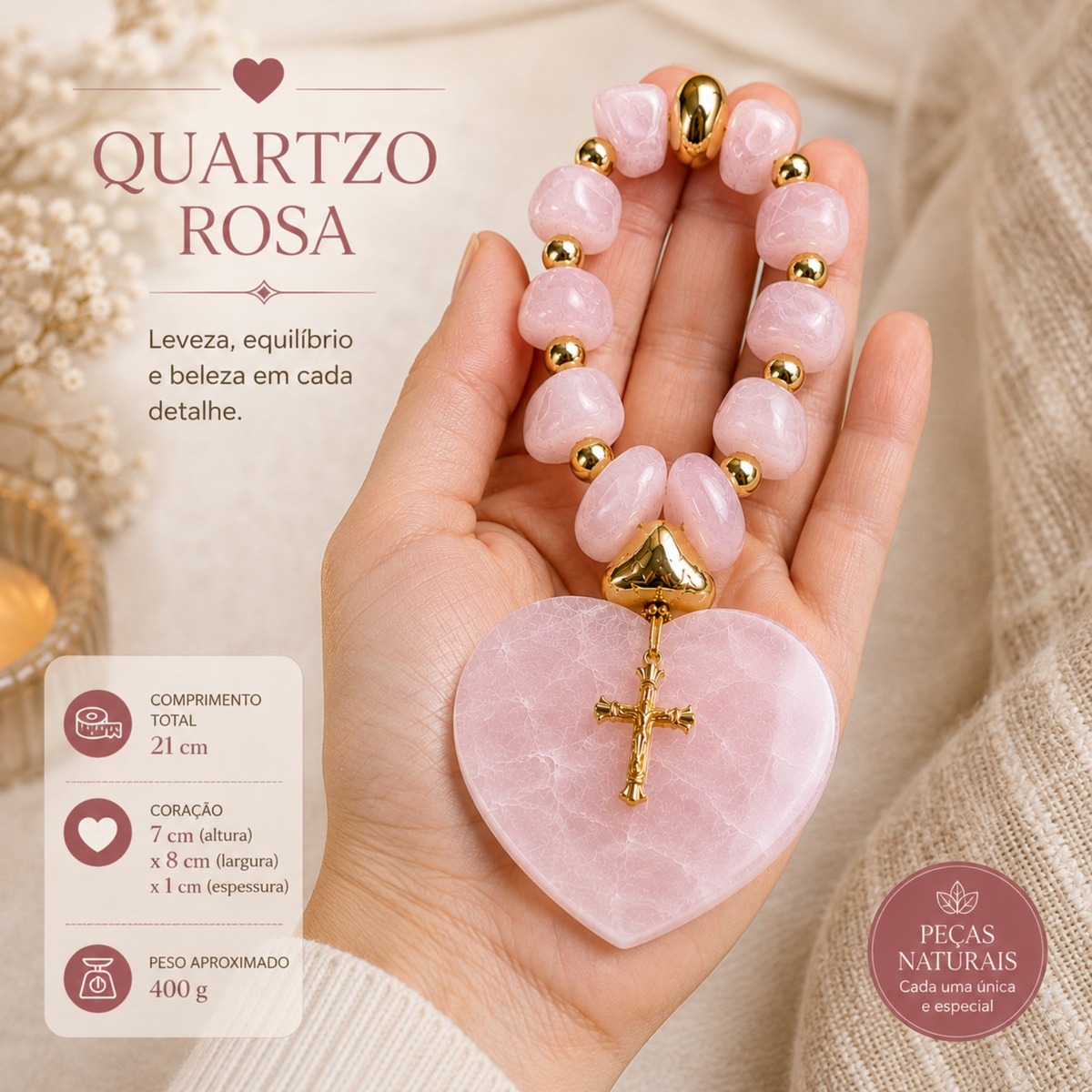 Terço Decorativo em Quartzo Rosa Natural com Coração e Cruz Dourada
