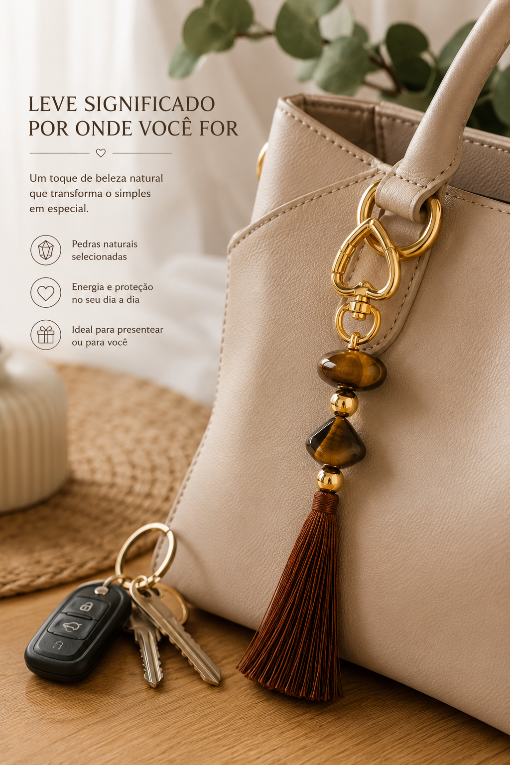 Chaveiro para Bolsa e Chaves com Pedra Natural e Tassel Artesanal