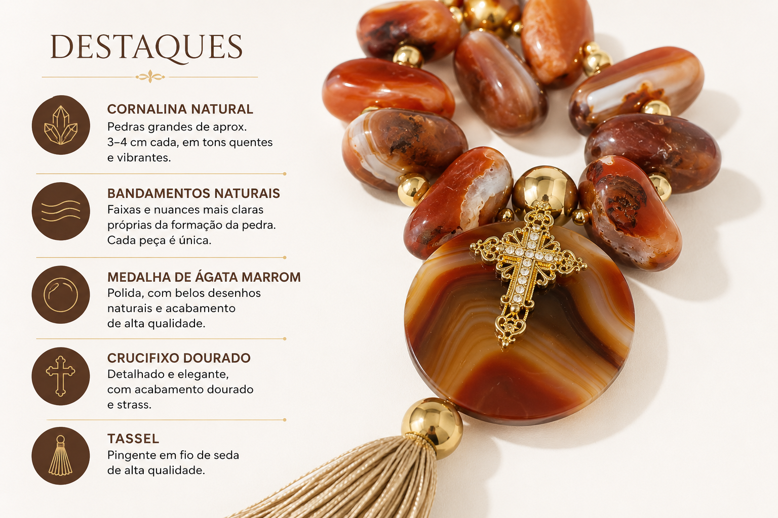 Terço Decorativo em Cornalina Natural com Ágata Marrom, Crucifixo Dourado e Tassel – 37 cm