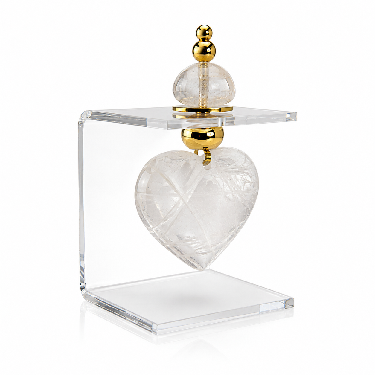 Suporte Acrílico Decorativo com Coração de Quartzo Cristal e Acabamentos Dourados