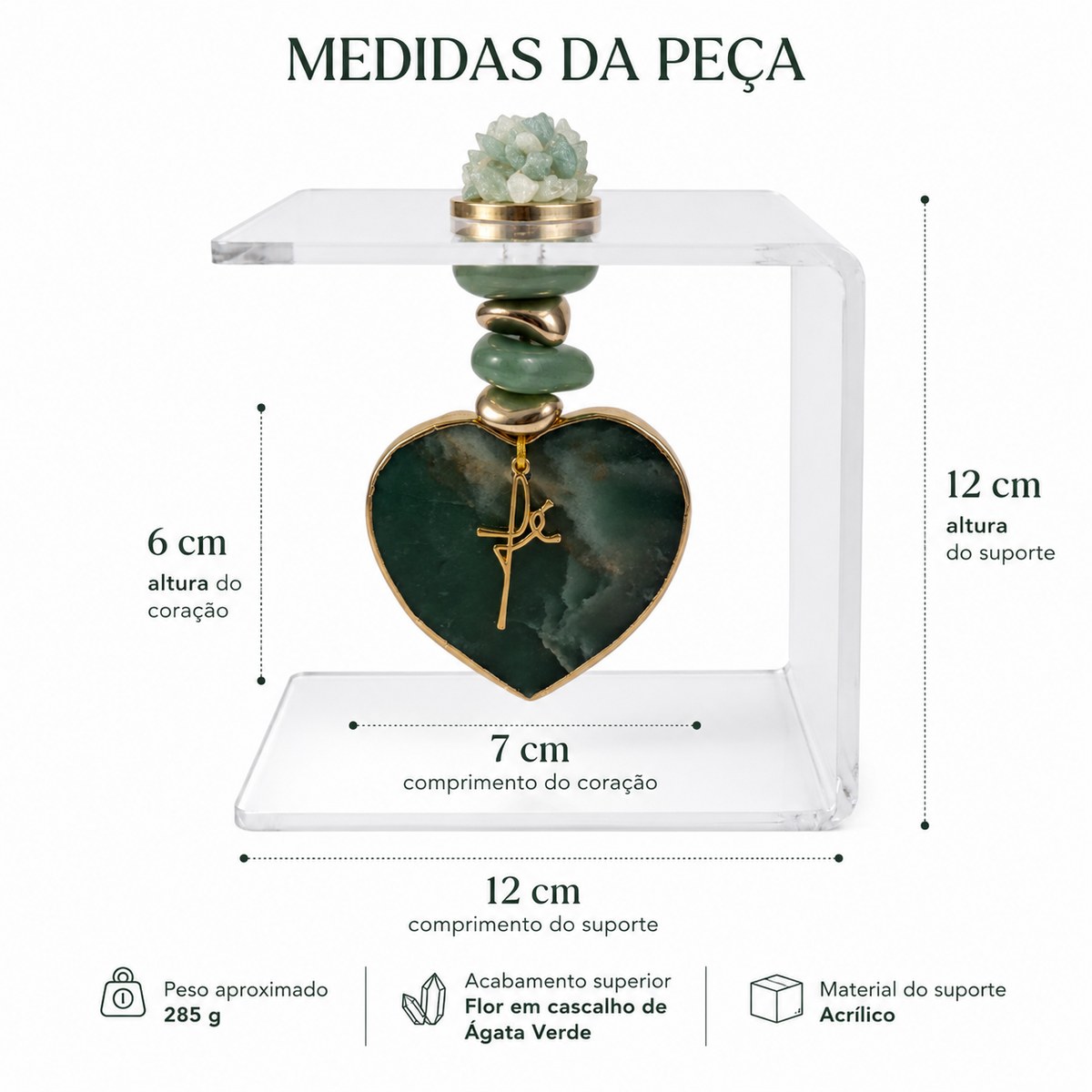 Suporte Decorativo Acrílico com Coração de Quartzo Verde Pedra Natural