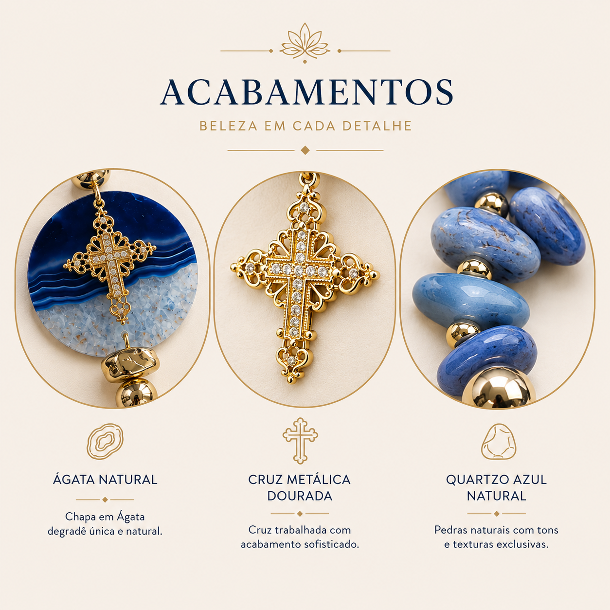 Terço Decorativo Quartzo Azul Natural com Chapa em Ágata Degradê 37 cm