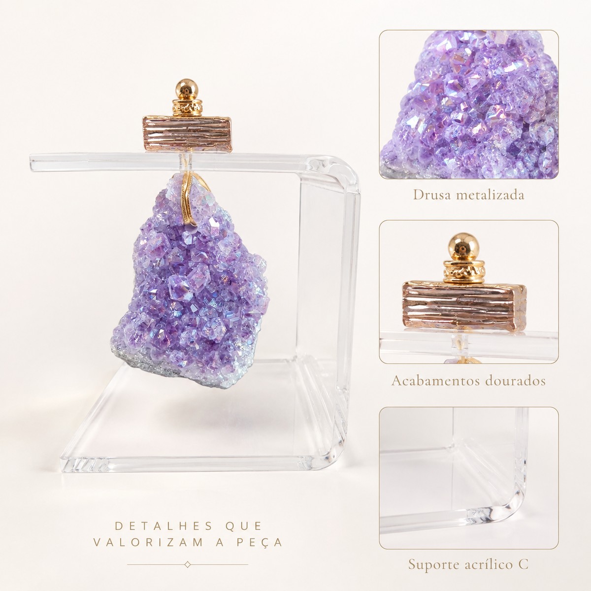 Adorno Decorativo com Drusa Metalizada e Suporte Acrílico
