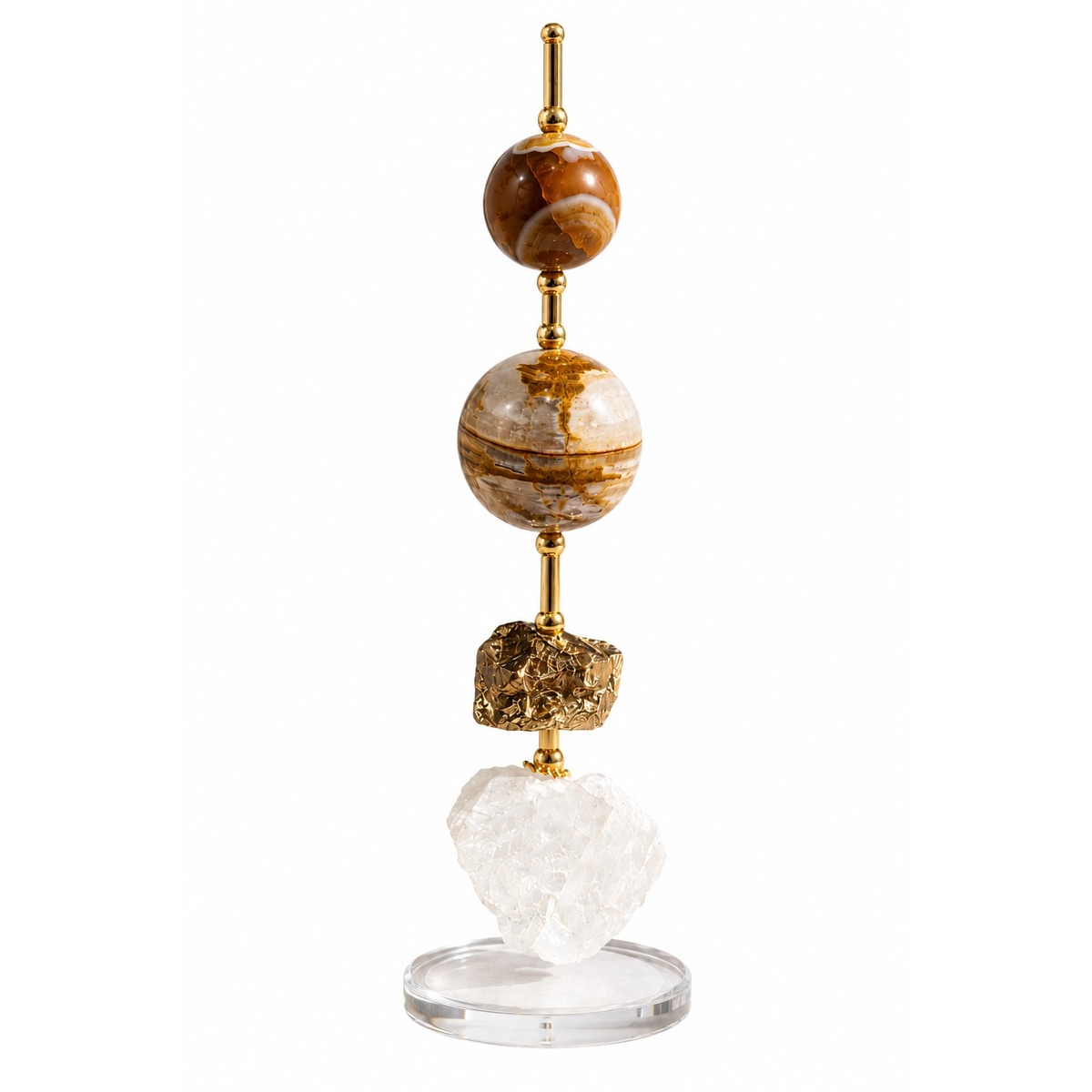 Escultura Decorativa em Ágata Natural com Quartzo Branco e Base Acrílica 32 cm