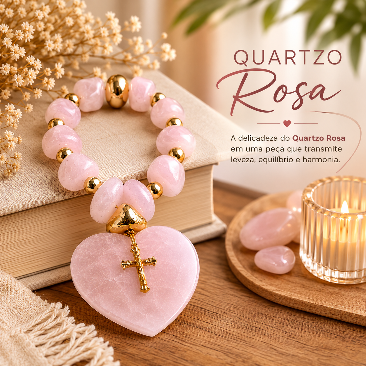Terço Decorativo em Quartzo Rosa Natural com Coração e Cruz Dourada