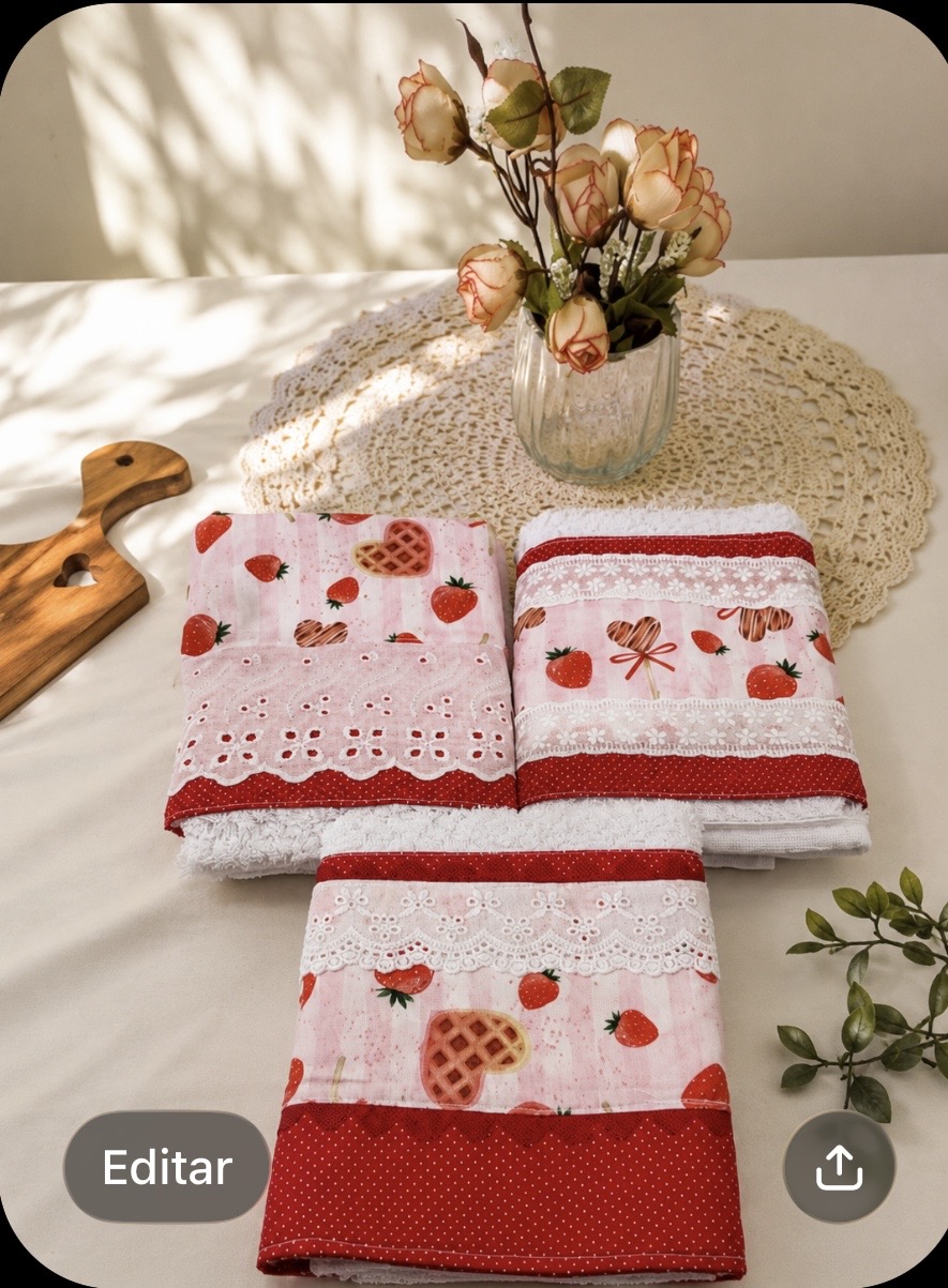 Kit pano de prato morango e coração