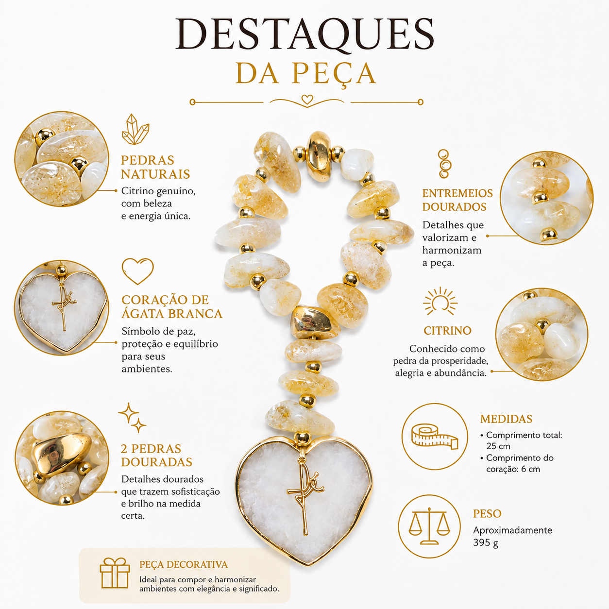 Terço Decorativo em Citrino com Coração de Ágata Branca e Detalhes Dourados