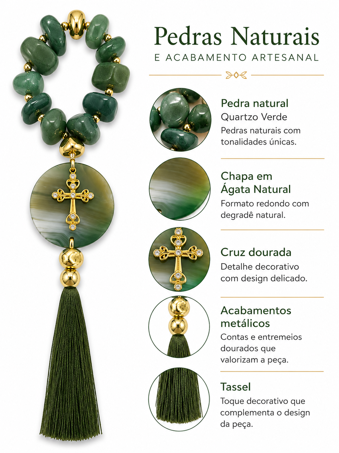 Terço Decorativo em Quartzo Verde com Chapa em Ágata Natural 38 cm