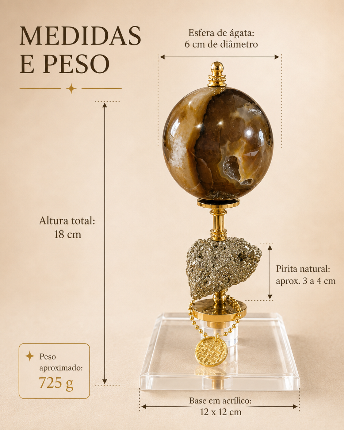 Escultura Decorativa com Esfera de Ágata Natural Marrom e Caramelo, Pedra Pirita, Base em Acrílico Transparente e Acabamentos Dourados – 18 cm