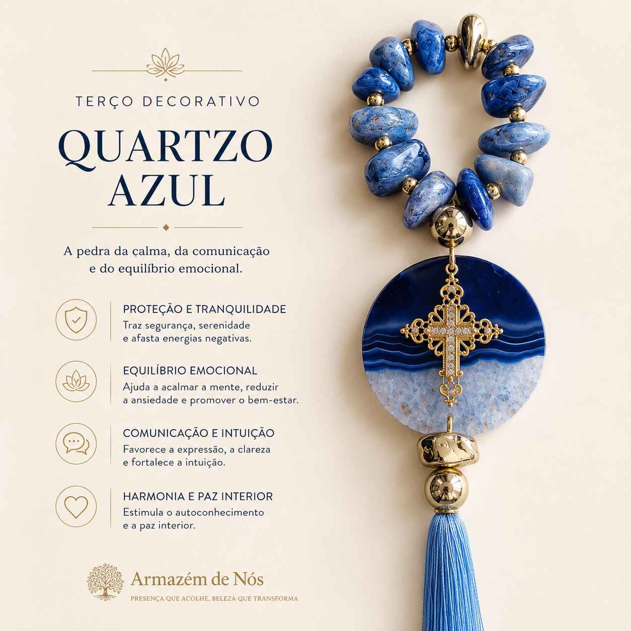 Terço Decorativo Quartzo Azul Natural com Chapa em Ágata Degradê 37 cm