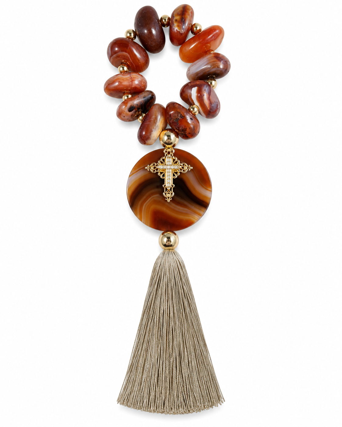 Terço Decorativo em Cornalina Natural com Ágata Marrom, Crucifixo Dourado e Tassel – 37 cm