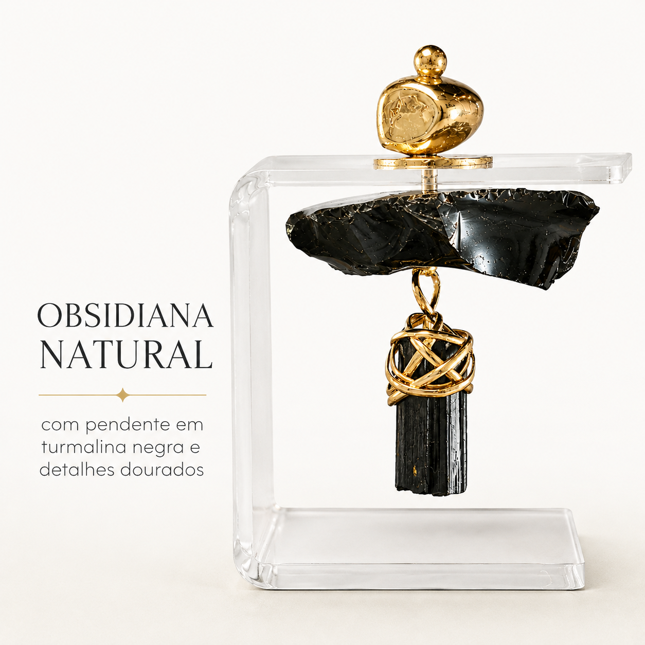 Escultura Decorativa em Obsidiana Natural e Turmalina Negra com Suporte Acrílico