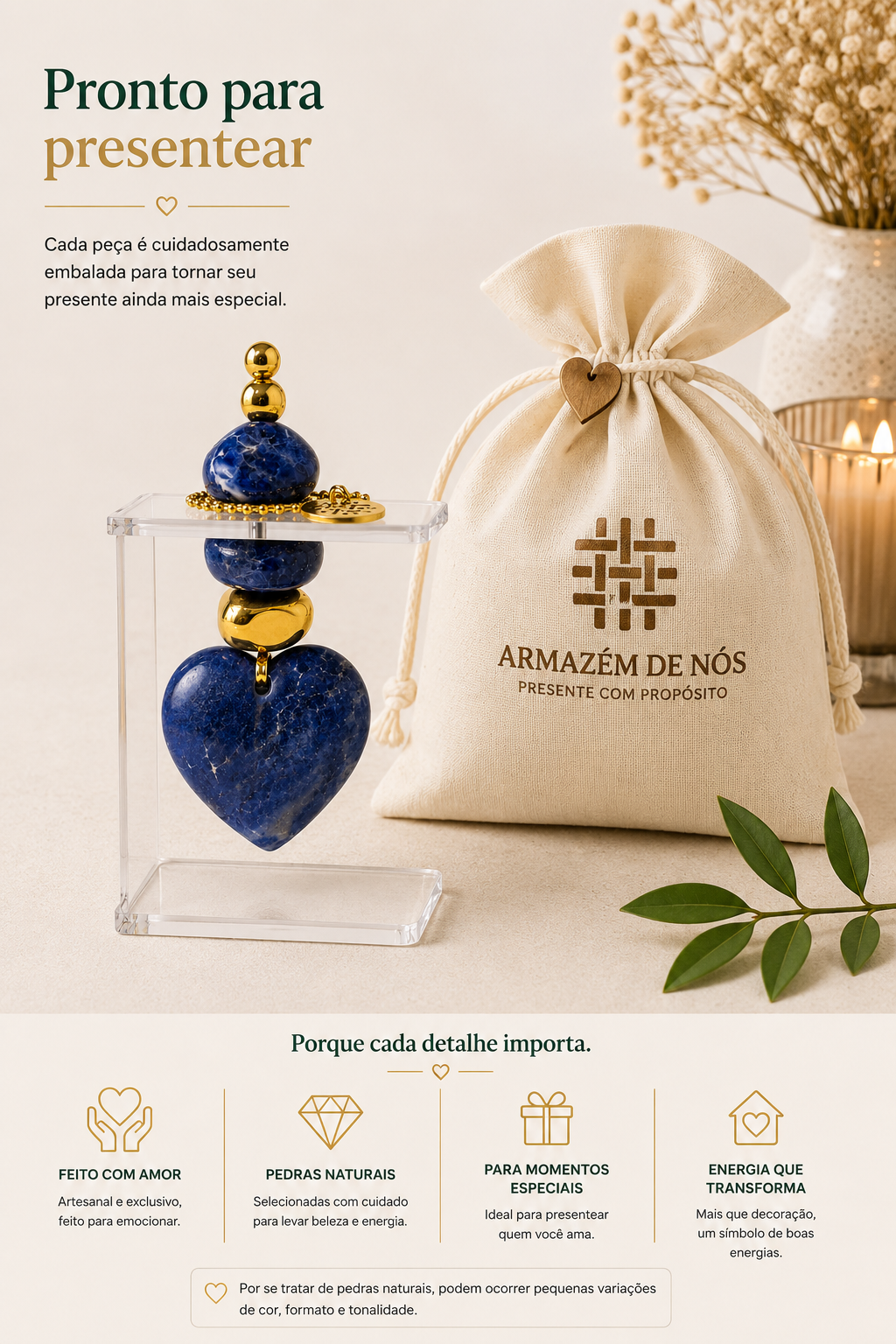 Coração em Quartzo Azul com Suporte em Acrílico | Pedra Natural 12 cm