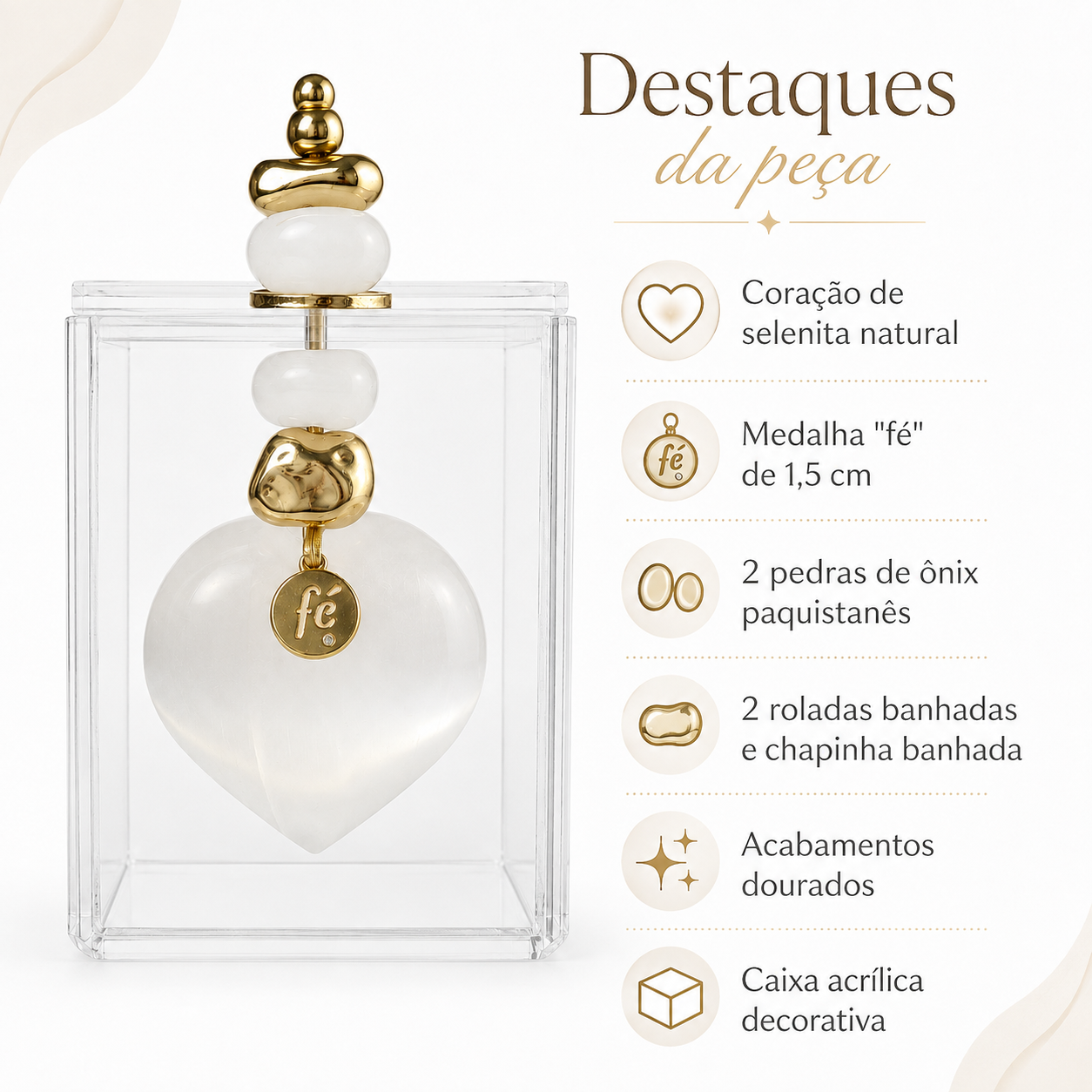 Caixa Acrílica Decorativa com Coração de Selenita Natural e Detalhes Dourados